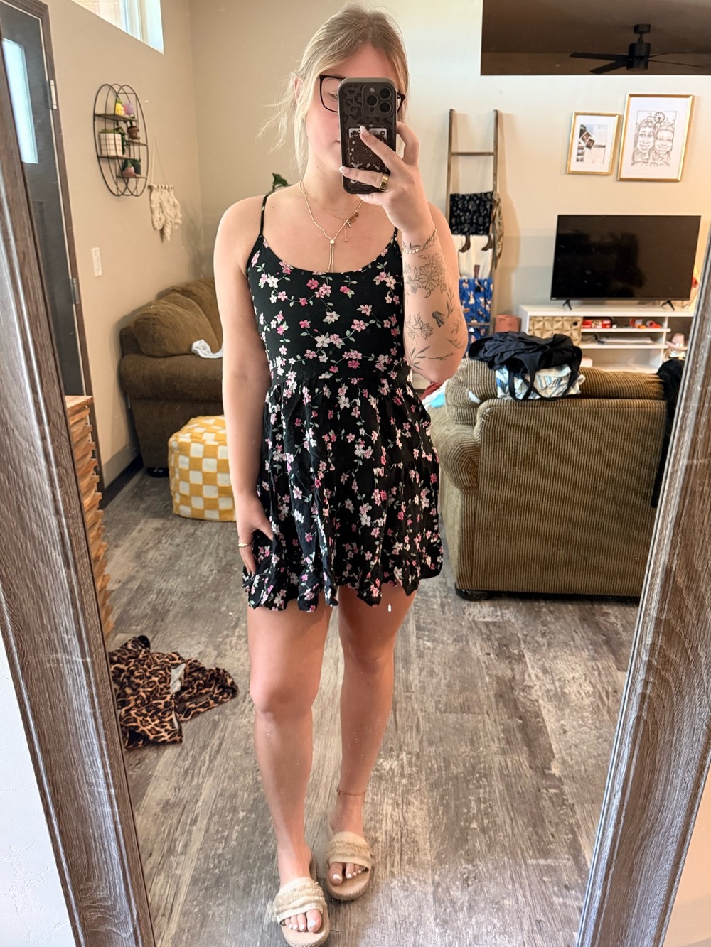 La Hearts Black Floral Lace-Up Mini Dress